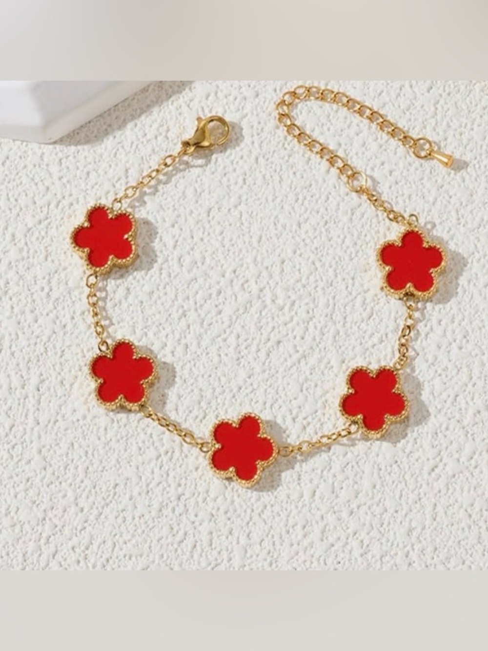 Gold Chain Bracelet with Red Clover Motifs - Women Jewelry